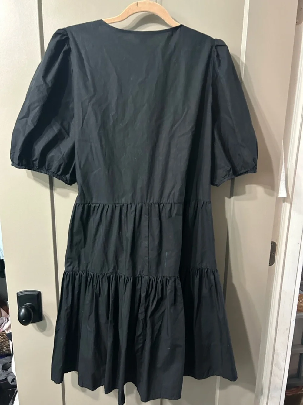 J. Crew Puff-sleeve cotton poplin wrap dress black tiered a-line preppy casual